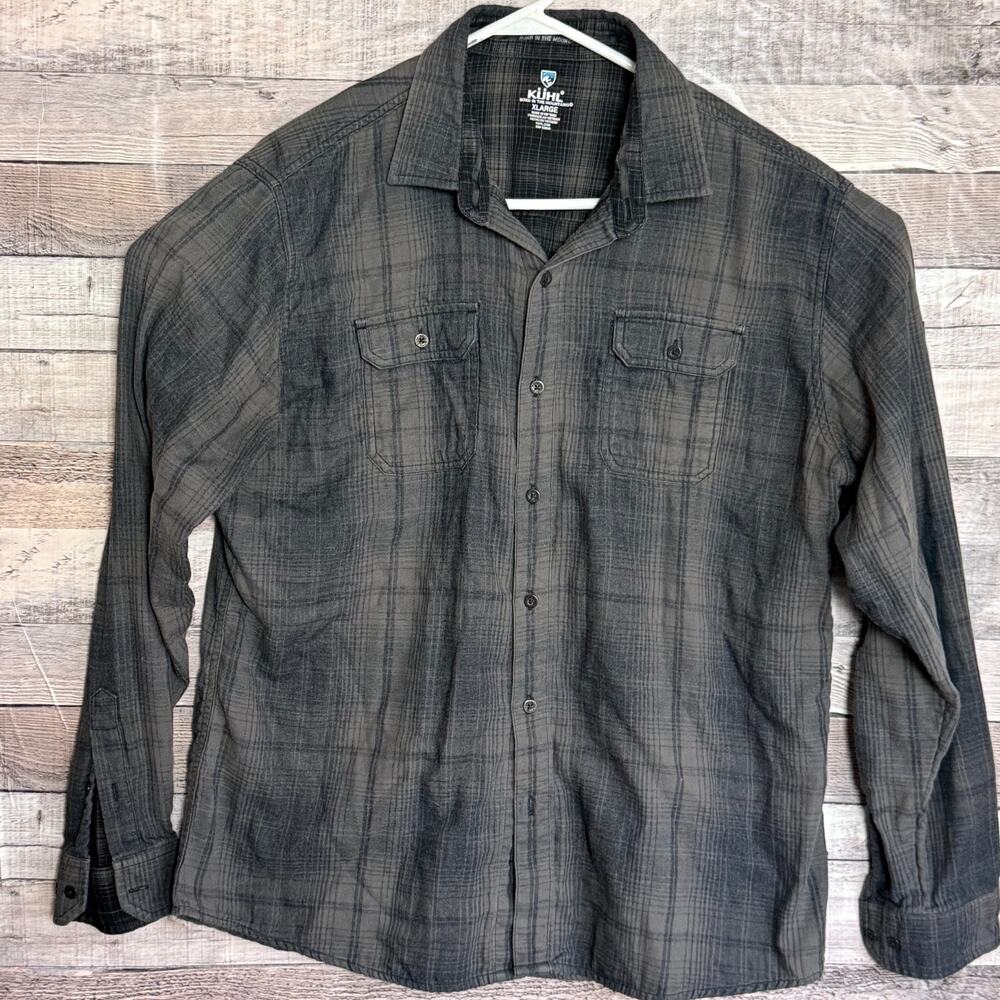 Kuhl Shattered Flannel Hiking Shirt Mens XL Gray Plaid Button Up Long Sleeve